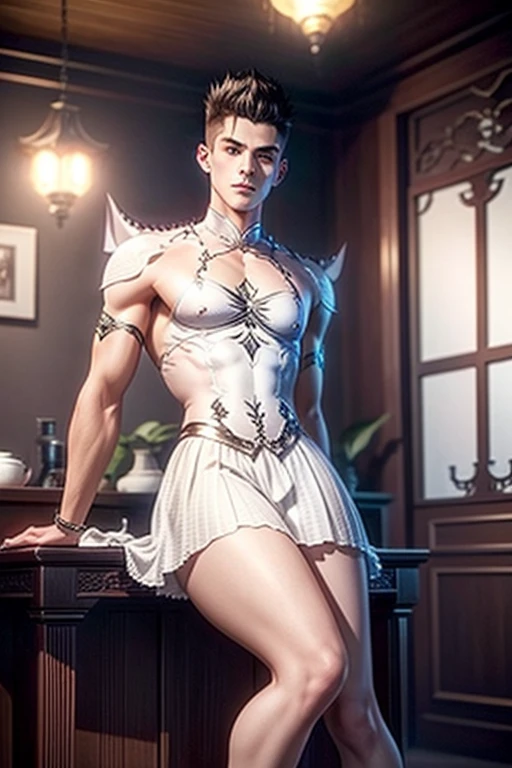 A shaved young man having long legs, thick thighs, large wide hips, thin and narrow weist, big large feminine breasts, large male reproductive organs, very small spikey boyish haircut, dress, Chinese donghua, , interior,hot man,hot male 