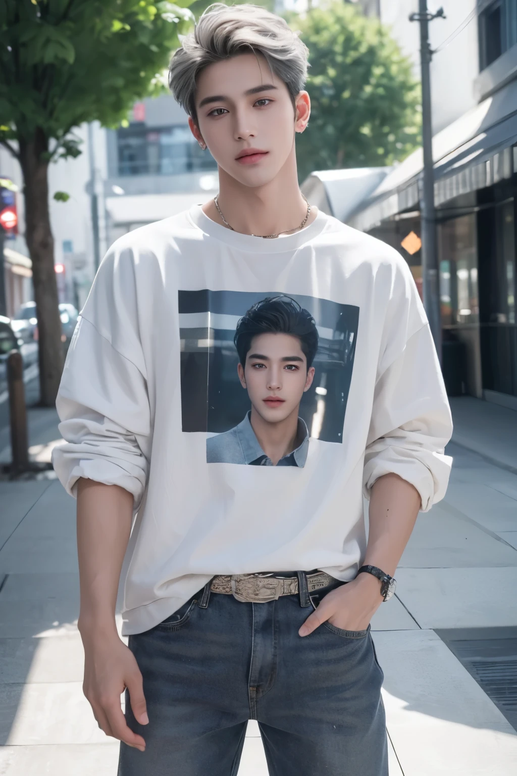 ((highest quality, 8K, masterpiece: 1.3)), a young boy, outdoor background、(Handsome boy in modern fashion:1.5), 20-year-old、Delinquent boy、 well-groomed face, grey hair color、thin face、(white skin:1.5)、whole body、black eyes、boy with makeup、Super handsome、sexy eyes, handsome nose, sharp eyes, High resolution, detailed mouth, smile:1.4, whole body: 1.5, perfect body shape、super slim,medium middle hair、STUSSY clothes、silver accessories、Oversized clothes, random pose, cowboy shot