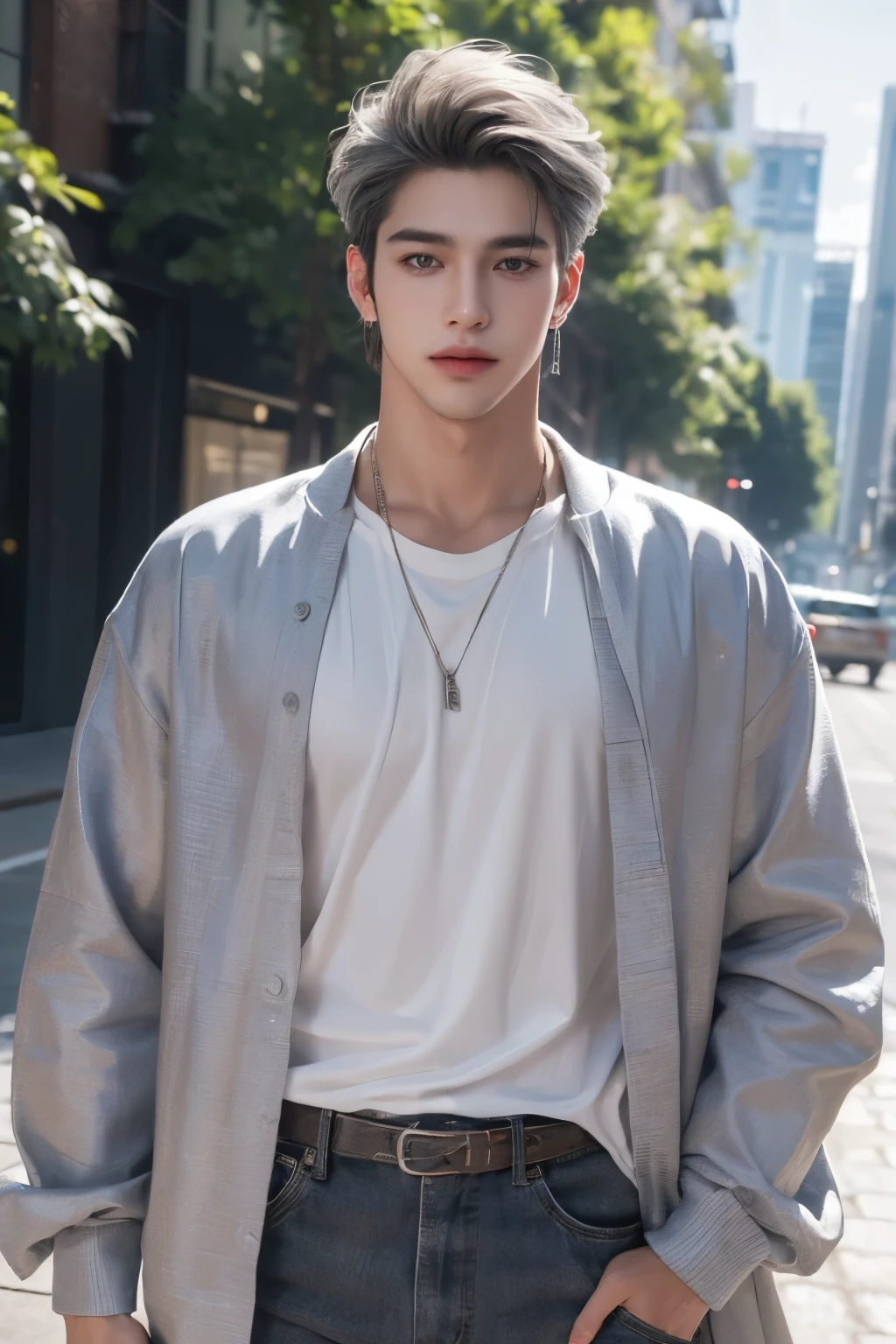 ((highest quality, 8K, masterpiece: 1.3)), a young boy, outdoor background、(Handsome boy in modern fashion:1.5), 20-year-old、Delinquent boy、 well-groomed face, grey hair color、thin face、(white skin:1.5)、whole body、black eyes、boy with makeup、Super handsome、sexy eyes, handsome nose, sharp eyes, High resolution, detailed mouth, smile:1.4, whole body: 1.5, perfect body shape、super slim,medium middle hair、STUSSY clothes、silver accessories、Oversized clothes, random pose, cowboy shot