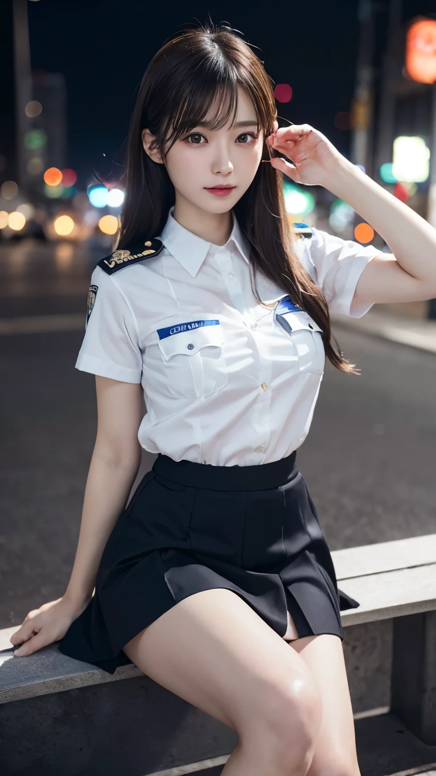 An innocent 20-year-old girl、((Japanese Police Officer, Sexy police uniform, skirt, Cute and elegant, Dramatic Pose)),smile,Night city background,shortcut、RAW Photos, (8K、Highest quality、masterpiece:1.2)、(Intricate details:1.4)、(Photorealistic:1.4)、Octane Rendering、Complex 3D rendering with ultra-detail, Studio Soft Light, Rim Light, Vivid details, Super Detail, Realistic skin texture, Detailed aspect, Beautiful details in the eyes, Highly detailed CG Unity 16k wallpaper, compensate, (Detailed Background:1.2), Glowing Skin, whole body,Put your hands down、Spread your legs and show me your panties,Sit on a bench