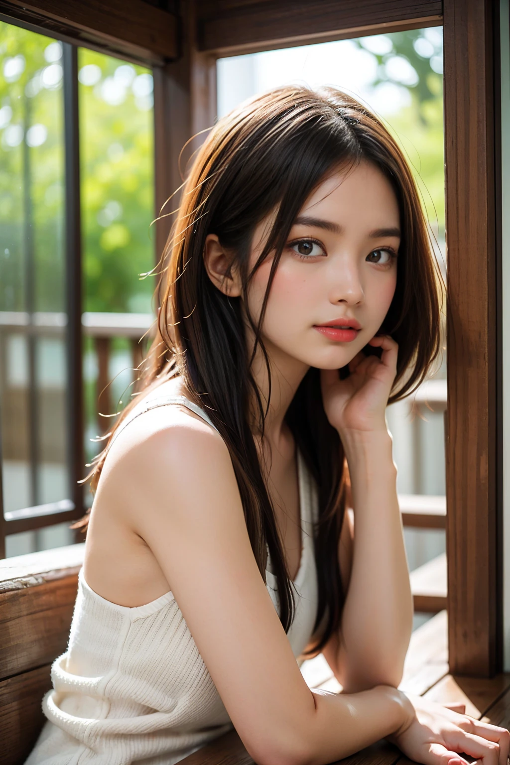 ### Description:
A highly detailed, photorealistic portrait of an exceptionally beautiful young woman with long, flowing dark hair and delicate facial features. Her eyes are closed, and her expression is serene and contemplative, with a slight, coy smile playing on her lips. The warm, golden light of the setting sun bathes her face, creating a soft, ethereal glow and accentuating the natural beauty of her complexion.
### Composition and background:
The woman is the sole focus of the image, filling the frame with her captivating presence. The background is softly blurred, with hints of a lush, green natural setting visible, creating a sense of tranquility and harmony.
### Style and atmosphere:
This image should have a dreamlike, romantic quality, with a focus on the woman's natural beauty and the warm, inviting atmosphere. The lighting and composition should work together to create a sense of warmth, serenity, and introspection.
### Camerawork:
A close-up, medium shot that frames the woman's face and upper body, allowing the viewer to fully appreciate the delicate details of her features and the interplay of light and shadow.
### Optional Extras:
Consider adding subtle, artistic elements, such as a shallow depth of field or a slight vignette, to enhance the overall cinematic and emotive quality of the image.