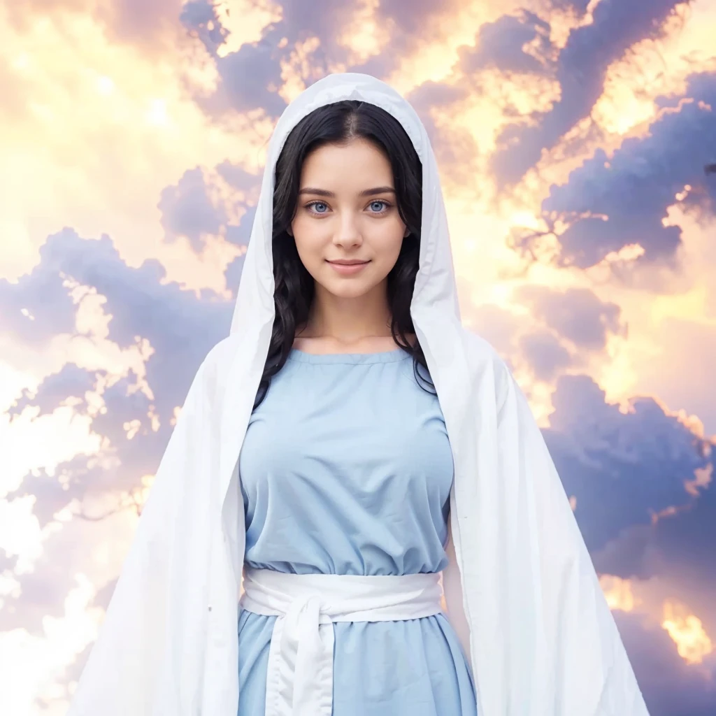 young woman, 25 years old, blue eyes, Curly black hair , serene and happy face, gray dress with wide, long sleeves adjusted at the waist by an intertwined white sash.