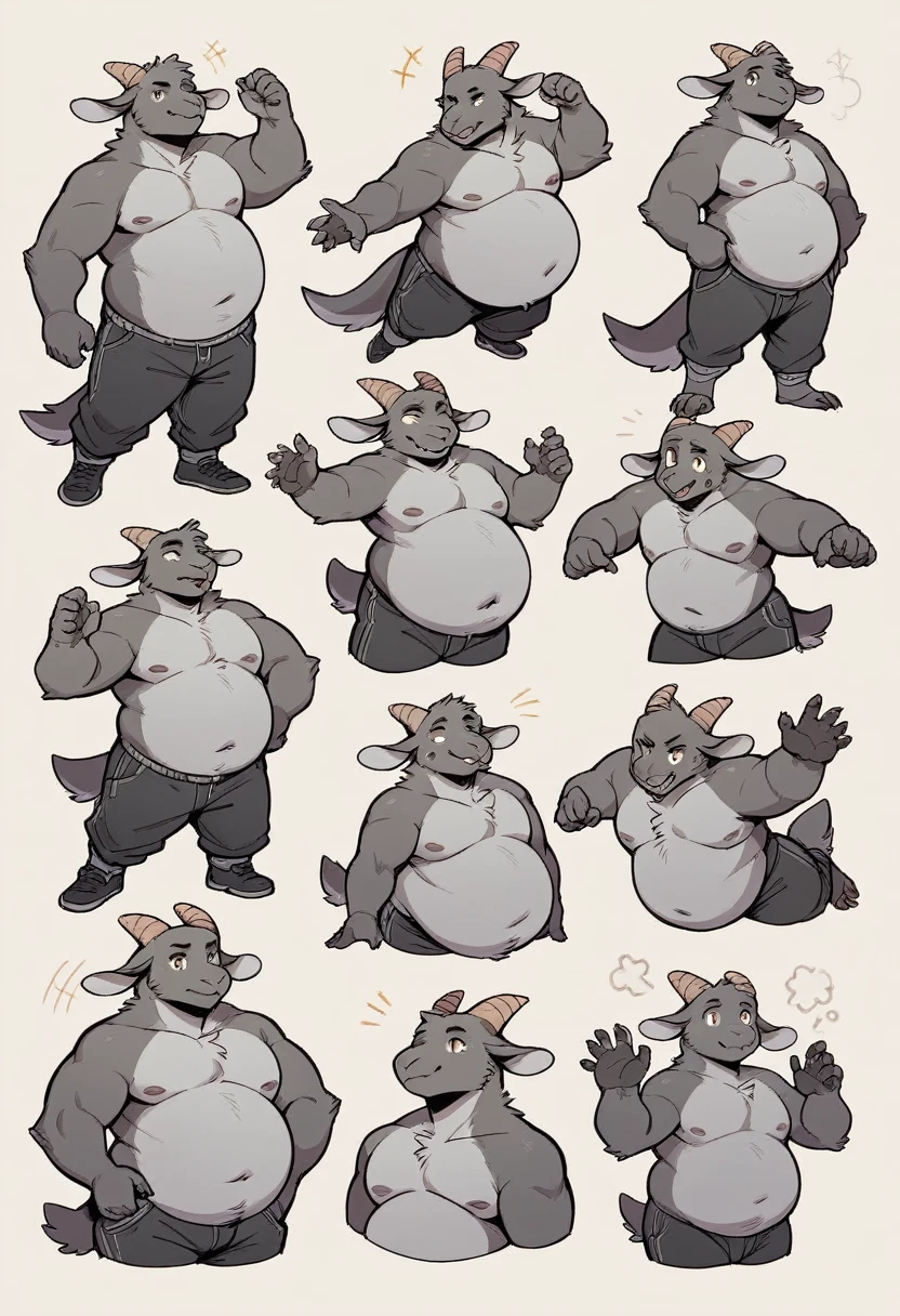 Digital art, , Adult Anthro Dragon Goat mix, Dynamic pose,pear body shape, big belly, chubby, ,furry, doodle page, several poses