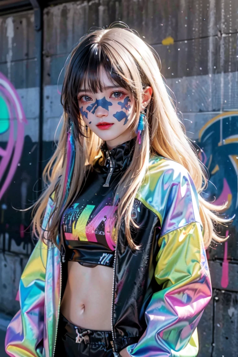 (best quality), masterpiece, Extremely detailed CG8K painting, High Color, Extremely High Color saturation, All colors are deepened, , Graffiti Art, Central Composition, Extremely detailed lighting, Graffiti Wall, Walls painted bright colors, 1 girl graffiti 1 girl looking at the wall, Very detailed face and eyes, Medium Length Hair, Sportswear, Colorful Clouds