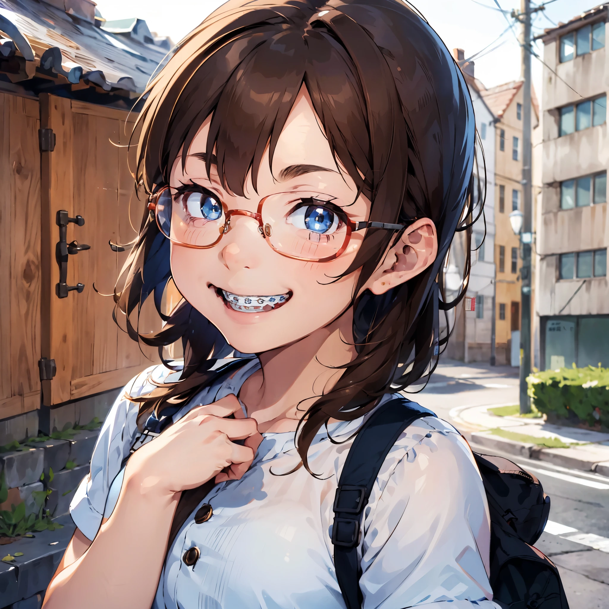 1girl, seductive eyes, braces, glasses, smiling, cute, blue eyes, blush, brown hair, wearing rowers, best quality, masterpiece, highres