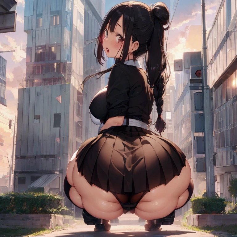 Anime girl in skirt and boots sitting on sidewalk, Anime girl crouching, Beautiful anime girl crouching, chic, a Surreal , Surreal , Realistic Anime 3D Style, Highly detailed giant shot, artwork in the style of Gwaiz, Gwaiz, Anime Style. 8K,(Hands on hips),(Put your hands on your hips),(masterpiece), (One serious civil service commissioner: 1.3), (Super thick and plump body: 1.3), (Huge breasts and buttocks)), (Small Head: 1.2), (Very small uniform)), (Shiny skin: 1.2), (A speech while crouching in the stands in the schoolyard in the morning)), {fat},1boy, penis, doggystyle, from behind, spreadassms, chubby body, fat body, short,ultra detailed, masterpiece, best quality, blush, a woman, rolling eyes, open mouth, school girl, wearing , wearing glasses, classroom, sunset, light particles, hdr, brown grey hair, midium wavy hair, shiny hair, bang, single braid, clear grey eyes, Smiling Kiss, Tongue Out, アニメ ,orgasm face, sexual climax, bitch, back shot, back view, low angle, from below, back view, arched back, looking back, all fours, chubby body, BIG ASS , saliva, BBW, slender waist, anal, seiza, hands on head,white eyes, Hand Drawn, Showing Ass, Bobcut, Knee socks, (Super thick and plump body: 1.3), Butt sticking out, Close your legs, seiza, spread legs, pleated skirt, Stretch your arms back, long pleated skirt, I can't see your butt, Buttocks hide, Arms folded behind back, Super big butt, Awesome numbness , Plump , Chubby, Butt sticking out,