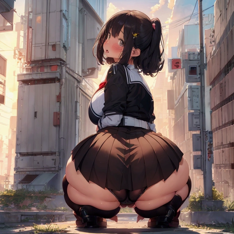 Anime girl in skirt and boots sitting on sidewalk, Anime girl crouching, Beautiful anime girl crouching, chic, a Surreal , Surreal , Realistic Anime 3D Style, Highly detailed giant shot, artwork in the style of Gwaiz, Gwaiz, Anime Style. 8K,(Hands on hips),(Put your hands on your hips),(masterpiece), (One serious civil service commissioner: 1.3), (Super thick and plump body: 1.3), (Huge breasts and buttocks)), (Small Head: 1.2), (Very small uniform)), (Shiny skin: 1.2), (A speech while crouching in the stands in the schoolyard in the morning)), {fat},1boy, penis, doggystyle, from behind, spreadassms, chubby body, fat body, short,ultra detailed, masterpiece, best quality, blush, a woman, rolling eyes, open mouth, school girl, wearing , wearing glasses, classroom, sunset, light particles, hdr, brown grey hair, midium wavy hair, shiny hair, bang, single braid, clear grey eyes, Smiling Kiss, Tongue Out, アニメ ,orgasm face, sexual climax, bitch, back shot, back view, low angle, from below, back view, arched back, looking back, all fours, chubby body, BIG ASS , saliva, BBW, slender waist, anal, seiza, hands on head,white eyes, Hand Drawn, Showing Ass, Bobcut, Knee socks, (Super thick and plump body: 1.3), Butt sticking out, Close your legs, seiza, spread legs, pleated skirt, Stretch your arms back, long pleated skirt, I can't see your butt, Buttocks hide, Arms folded behind back, Super big butt, Awesome numbness , Plump , Chubby, Butt sticking out,