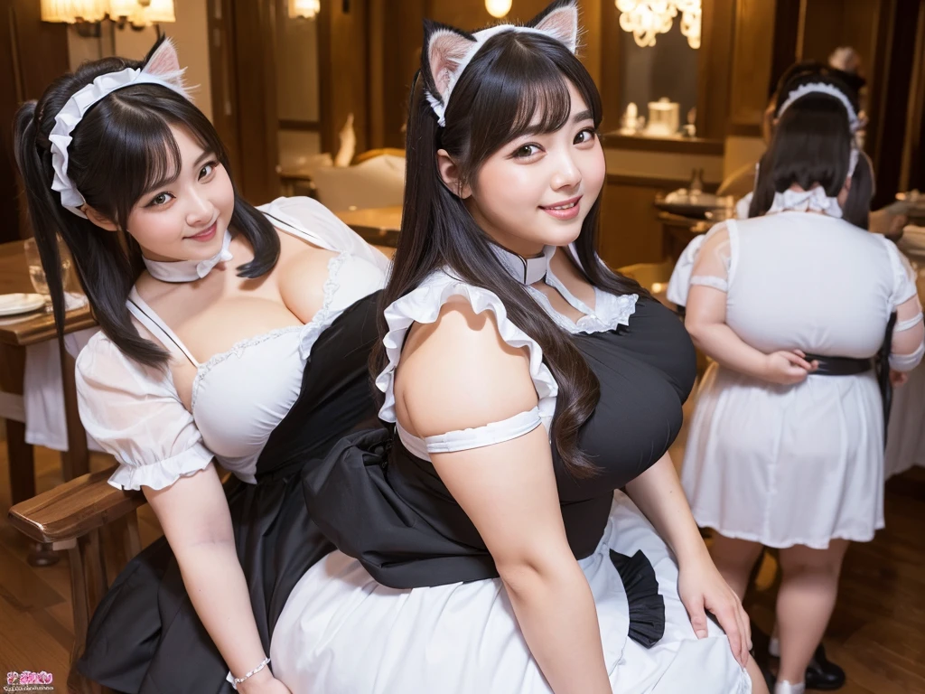 (8k, ultra-high resolution, highest quality, masterpiece:1.2), ultra-realistic, (realistic, photorealistic:1.37), (realistic skin:1.2), ultra-detailed, Canon EOS RP, 8k, Korean mature woman, smiling,（super obese）, (((super curvy,))) ((super voluptuous,)) ((full body shot)),(standing), thick ankles, (((maid cafe))), (((crowd of maids))), (((cat ears, cat tail))),（checked maid outfit）