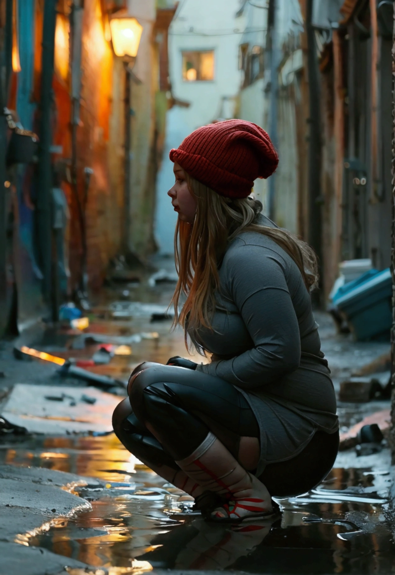 An overweight Russian girl squats with bare legs in a puddle in a dirty alley