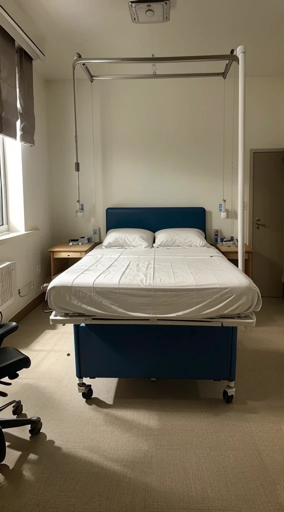 Classic hospital room with its adjustable bed on casters, a window