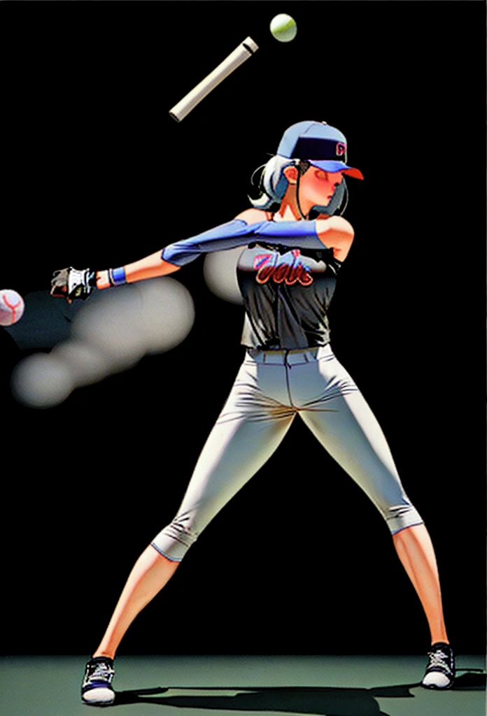 a sexy girl as a baseball player, play as striker, hit curved ball(hitting ball:1.8), iconic hitting stance, wink, vivid color, perfect anime style, perfect mix color, big bust, mini crop top, tight mini pants, super detailed, best quality wallpaper, 8k, absurdity, expressive realism, perfect lightness