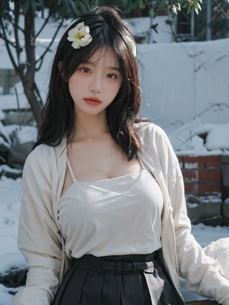 Portrait photography,1 girl,Snow Scene,Snowing background,whole body:1.4,Camellia small fragrance style high-end temperament slim jacket pleated skirt women,Flowers,White,Lipstick,(Big Breasts:1.6),Headband,serene,calm,(Realistic and detailed eyes,Natural skin texture,Realistic facial details),