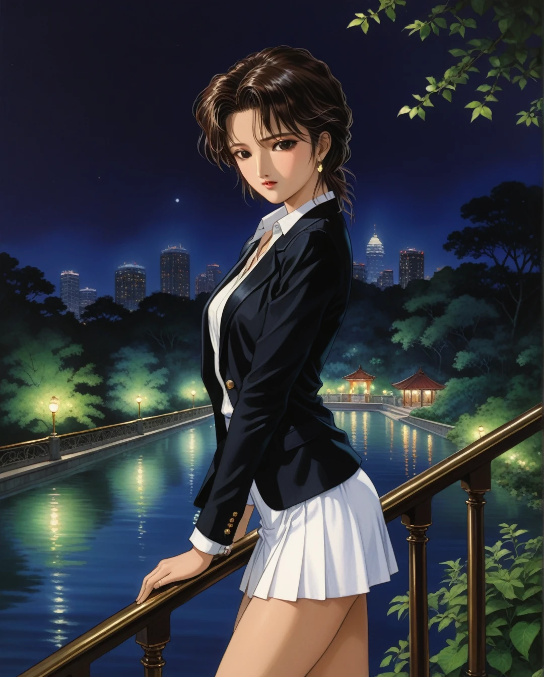 Art style by Akihiro Yamada, Art style by Suehiro Maruo, Art style by Ayami Kojima, (Masterpiece, Top Quality, Super Detail, High Resolution, Best Illustration), Create a breathtaking 4K digital painting in high resolution, showcasing a night scene in a serene park featuring a pool. The setting should be illuminated by soft lights surrounding the pool, casting a gentle glow on the water's surface. Depict a woman with beautiful black skin leaning casually against the safety railing, exuding confidence and elegance. She should be dressed in a stylish black jacket, a crisp white shirt, and a chic black miniskirt, perfectly complementing the nighttime ambiance. Focus on capturing detailed features, ensuring her expression reflects a blend of tranquility and contemplation. The overall composition should highlight the shimmering water, the reflections of the lights, and the lush greenery of the park, creating a professional and visually stunning masterpiece that immerses the viewer in a peaceful, enchanting atmosphere.