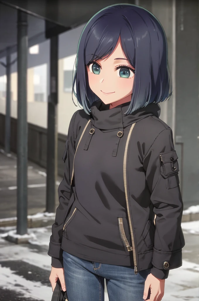 girl, jeans, black puffer jacket, foggy, street, smile, snow