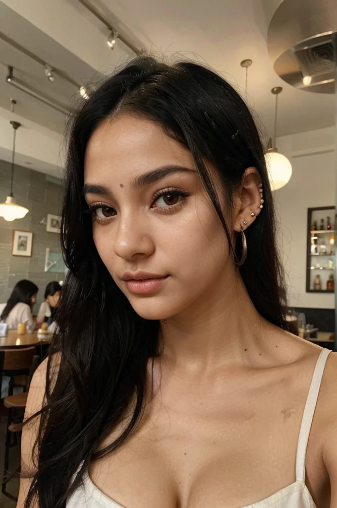 Photo of a 25 year old black hair woman, that has a very natural face, thin lips, thin eyes, thin eyebrows, thin nose, earrings, long eyelashes. She makes a cute selfie in a cafe