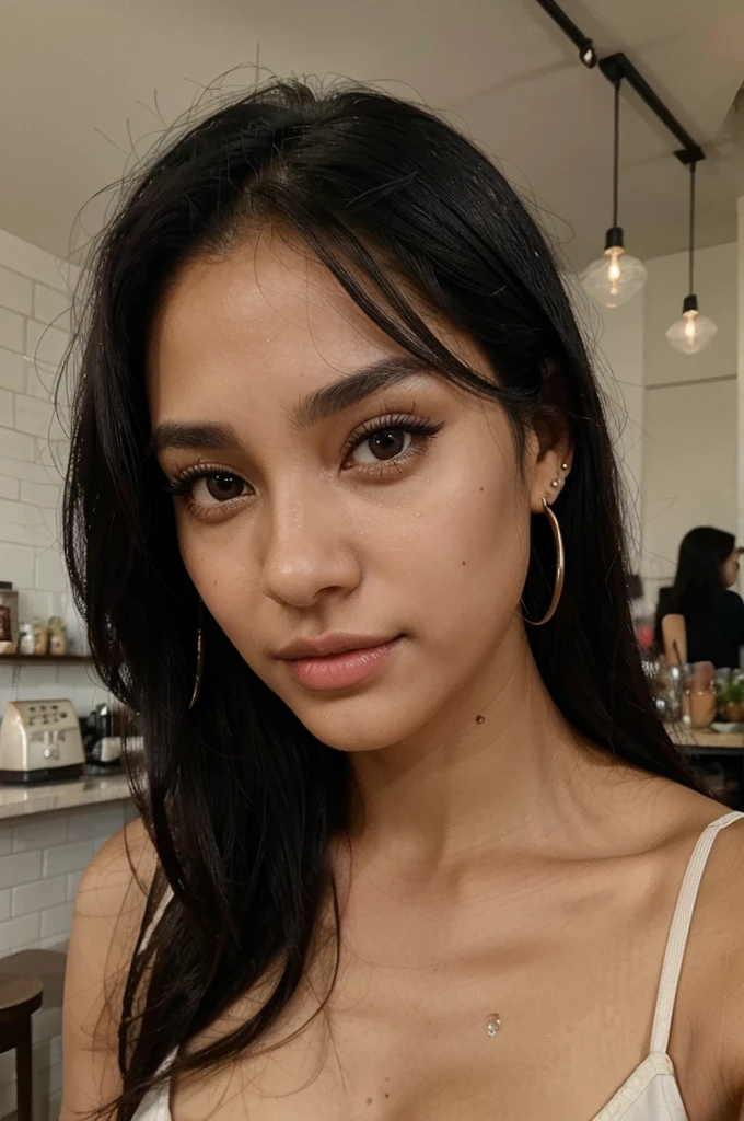 Photo of a 25 year old black hair woman, that has a very natural face, thin lips, thin eyes, thin eyebrows, thin nose, earrings, long eyelashes. She makes a cute selfie in a cafe