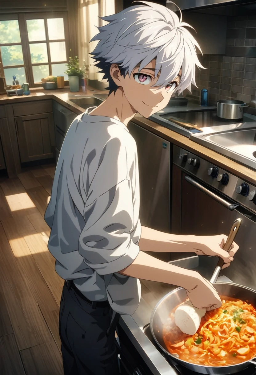 anime art, 1boy, solo male, male focus, highschool boy, beautiful boy, neck length white hair, small red droopy eyes, he has fair skin, he is , he is slender, slender body, he is smiling, he is in kitchen, he is cooking, ultra-detailed, ultra quality, high resolution, hdr, masterpiece, cinematic, detailed, absurdres
