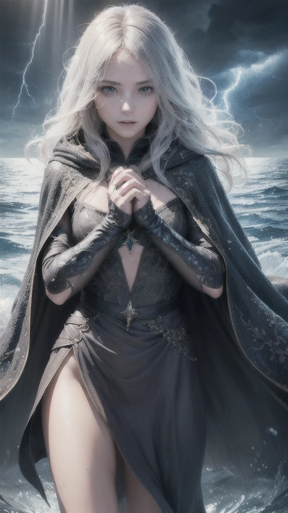 (skindentation:1.5), Realistic, Photorealistic, (masterpiece:1.5), concept art, intricate details, highly detailed, photorealistic, octane render, 8k, unreal engine, dynamic pose, best quality, highres, (realistic face:1.1), (hyperrealistic:1.1), ((full_body)), perfect eyes,(shiny skin:1.2), (((hairstyle))), (((perfect hands))), (extremely detailed background), haunted island, ((dynamic background)), ((lightning)), (light rays), (1girl), wearing cloak, (((flowing cloak))), ((detailed eyes, high quality eyes, high quality face)), long hair, (((flowing hairstyle))), 1girl ((controlling the water)), (((whirlwind of water))), ocean, tsunami, magic, (dramatic), epic, depth of field, bokeh, 4k, gothic, ((raining)), energyball between hands