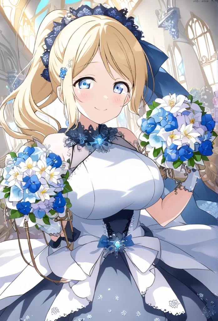 Eri Ayase Blonde Light blue eyes ponytail Black Wedding Dress Light blue floral decoration dress smile Tears of joy Huge breasts church Shining Light blue floral hair ornament Light blue flower bouquet