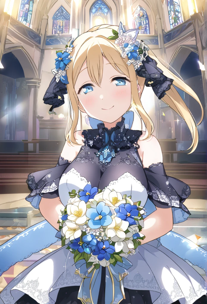Eri Ayase Blonde Light blue eyes ponytail Black Wedding Dress Light blue floral decoration dress smile Tears of joy Huge breasts church Shining Light blue floral hair ornament Light blue flower bouquet