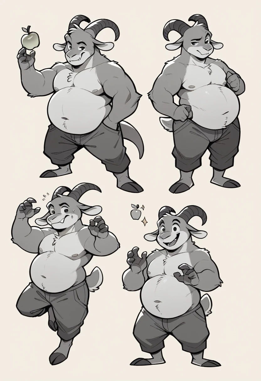Digital art, , Adult Anthro Dragon Goat mix, Dynamic pose,pear body shape, big belly, chubby, ,furry, doodle page, several poses, cartoony style, disney style art