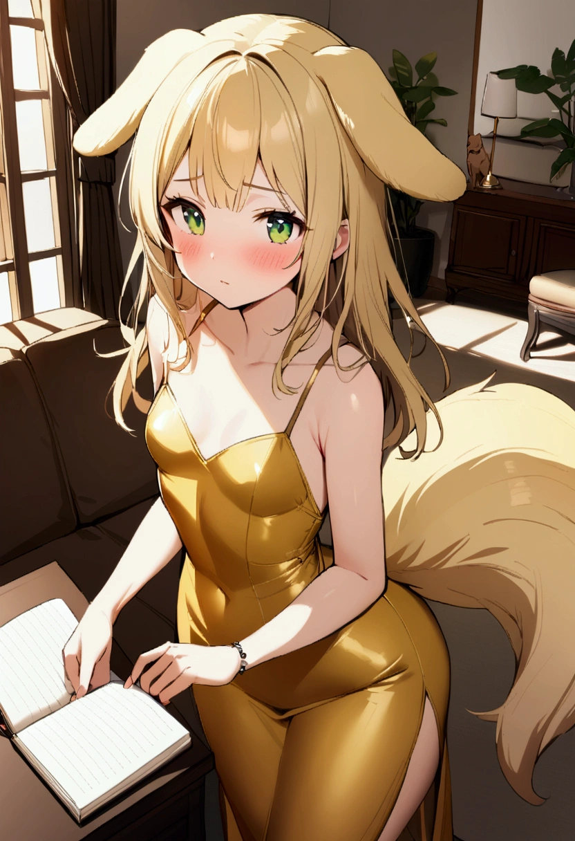 1girl with long blonde hair, green eyes, floppy dog ears, dog tail, blush, golden dress with open shoulders, holding small notebook, rich living room, small breasts