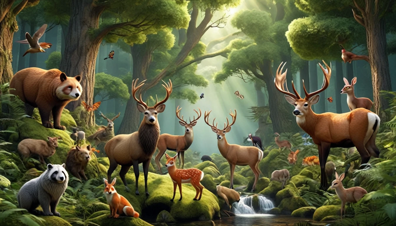 A stunning 3D scene，A beautiful forest scene，Dense trees，Various lively animals，Nature