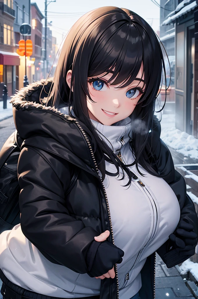 girl, jeans, black puffer jacket, foggy, street, smile, snow
