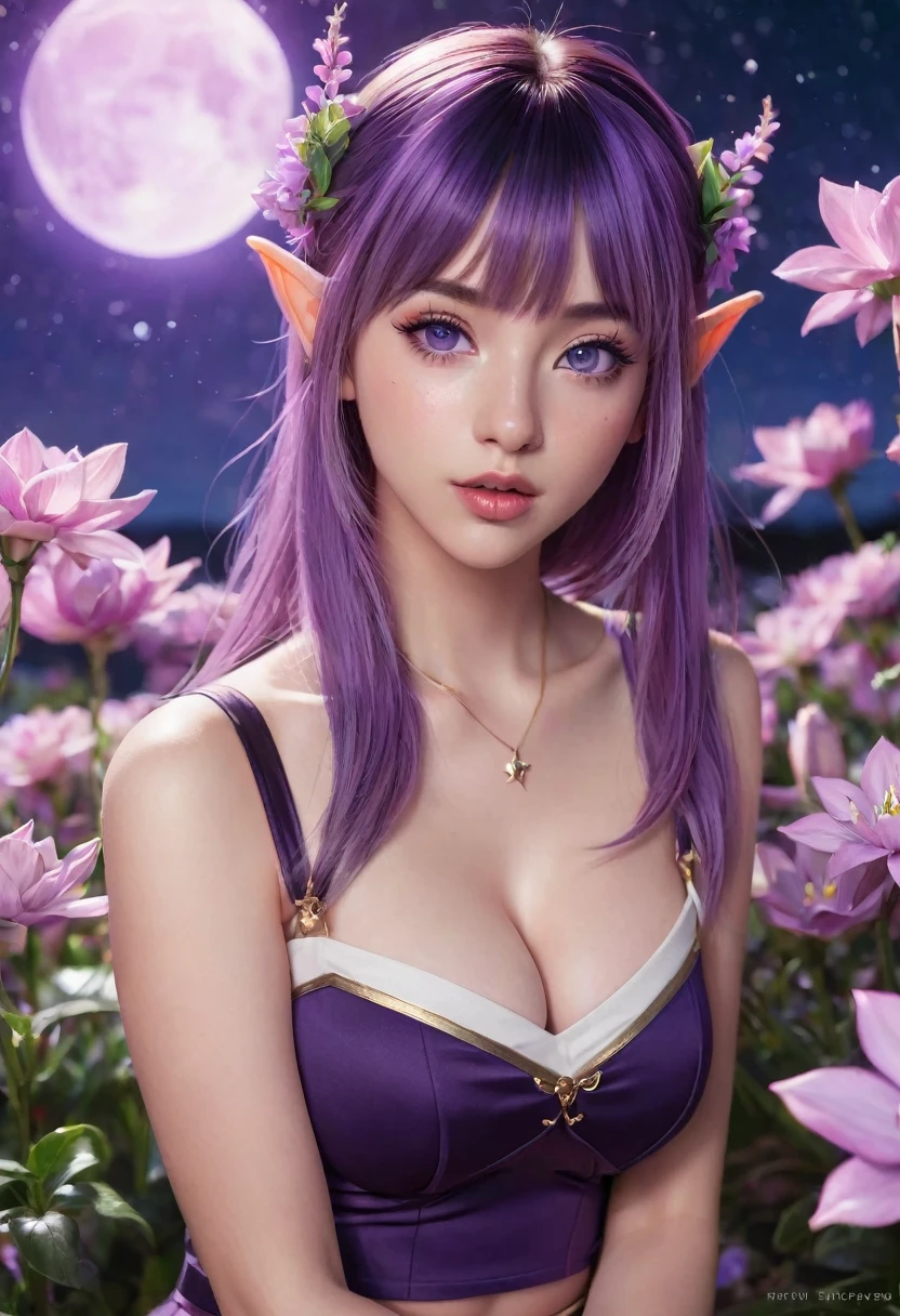 realistic, 1girl, purple hair with bangs, beautiful eyes, busty, crop top, pencil skirt, parted lips, blush, night, flowers, elf ears