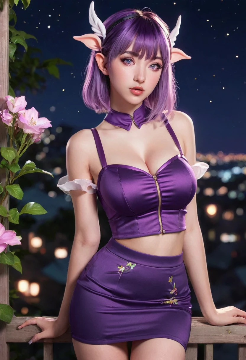 realistic, 1girl, purple hair with bangs, beautiful eyes, busty, crop top, pencil skirt, parted lips, blush, night, flowers, elf ears