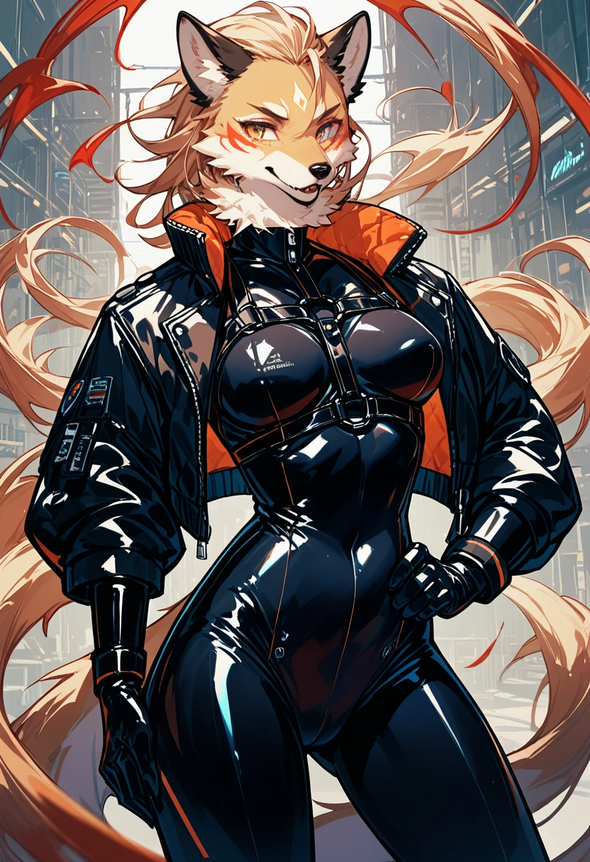 Highest quality, Highest quality, High quality illustrations, masterpiece, Ultra-high resolution, Detailed Background, cyber-, Absurd, Perfect Anatomy, performance, Good lighting, Shadows in the movies(kemono, Furry Personifi猫ion), Rubber suit, latex, neon, neonライト, neonカラー, Bodysuits, Plug Suit, cyber-スーツ, Leather Half Jacket, Harness, neonパターン, neonカラーライン