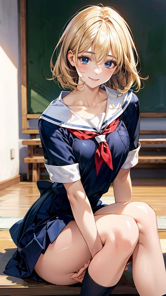 (masterpiece:1.3, Highest quality, Ultra-high resolution, Very detailed), (Realistic, photoRealistic:1.4), Beautiful illustrations, Perfect lighting, Natural light, colorful, Written boundary depth, NFSW,
View your viewers, (throw, Close-up shot), 1 Girl, Japanese, high school girl, Perfect Face, Cute and symmetrical face, Shiny skin, Sunburned skin,
(Bob Hair:1.5, Blonde), Hair between the eyes, blue eyes, (Large Breasts, seductive Thighs, Big Ass), Thighs, sum,
Beautiful Hair, Beautiful Face, Beautiful attention to detail, Beautiful clavicle, Beautiful body, Beautiful breasts, 美しいThighs, Beautiful feet, Beautiful fingers,
(Beautiful views), (Dynamic pose,), (Captivating smile,), (School uniform)
