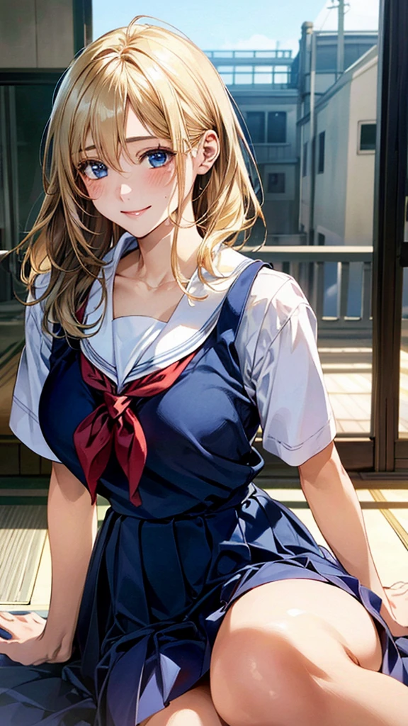 (masterpiece:1.3, Highest quality, Ultra-high resolution, Very detailed), (Realistic, photoRealistic:1.4), Beautiful illustrations, Perfect lighting, Natural light, colorful, Written boundary depth, NFSW, 
View your viewers, (throw, Close-up shot), 1 Girl, Japanese, high school girl, Perfect Face, Cute and symmetrical face, Shiny skin, Sunburned skin, 
(Bob Hair:1.5, Blonde), Hair between the eyes, blue eyes, (Large , seductive Thighs, Big Ass), Ths, sum,
Beautiful Hair, Beautiful Face, Beautiful attention to detail, Beautiful clavicle, Beautiful body, Beautiful breasts, 美s, Beautiful feet, Beautiful fingers, 
(Beautiful views), (Dynamic pose,), (Captivating smile,), (School uniform)