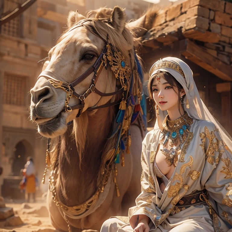 Hiding in the desert、Hair Flow、 ((Highest quality、masterpiece、8K、Best image quality、Ultra-high resolution、Award-winning works)、(Accurate anatomy:1.1)、(Look at me and smile:1.1)、Shining fair skin with Ultra-high resolution、The most detailed face、Ultra-high resolution detailed face、Ultra-high resolutionの髪の毛、(Ultra-high resolutionの煌めく瞳:1.1)、Beautiful face drawn in every detail、(Blurred Background:1.1)、Ancient Islamic clothing, Chest to chest, tattoo, Old ruins in the background、ride on the camel