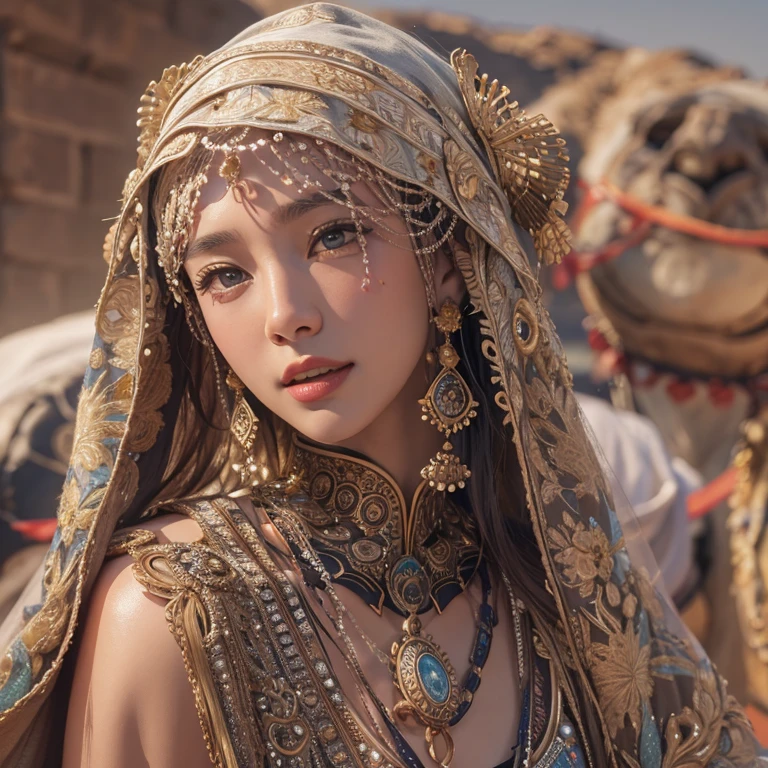 A captivating photo, (wide lens), of a gorgeous ancient Mongolian woman in traditional native attire, elegantly posed, sensual and alluring, featuring intricate jewelry, detailed headdress, warm desert lighting, hyper-realistic textures, cinematic composition, a masterpiece by Sandro Botticelli and Gustav Klimt, high detail, 8k resolution, artstation trending.