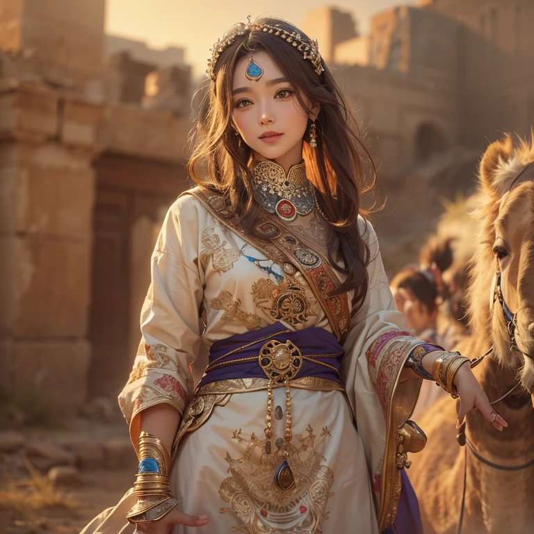 Hiding in the desert、Hair Flow、 ((Highest quality、masterpiece、8K、Best image quality、Ultra-high resolution、Award-winning works)、(Accurate anatomy:1.1)、(Look at me and smile:1.1)、Shining fair skin with Ultra-high resolution、The most detailed face、Ultra-high resolution detailed face、Ultra-high resolutionの髪の毛、(Ultra-high resolutionの煌めく瞳:1.1)、Beautiful face drawn in every detail、(Blurred Background:1.1)、Ancient Islamic clothing, Chest to chest, tattoo, Old ruins in the background、ride on the camel