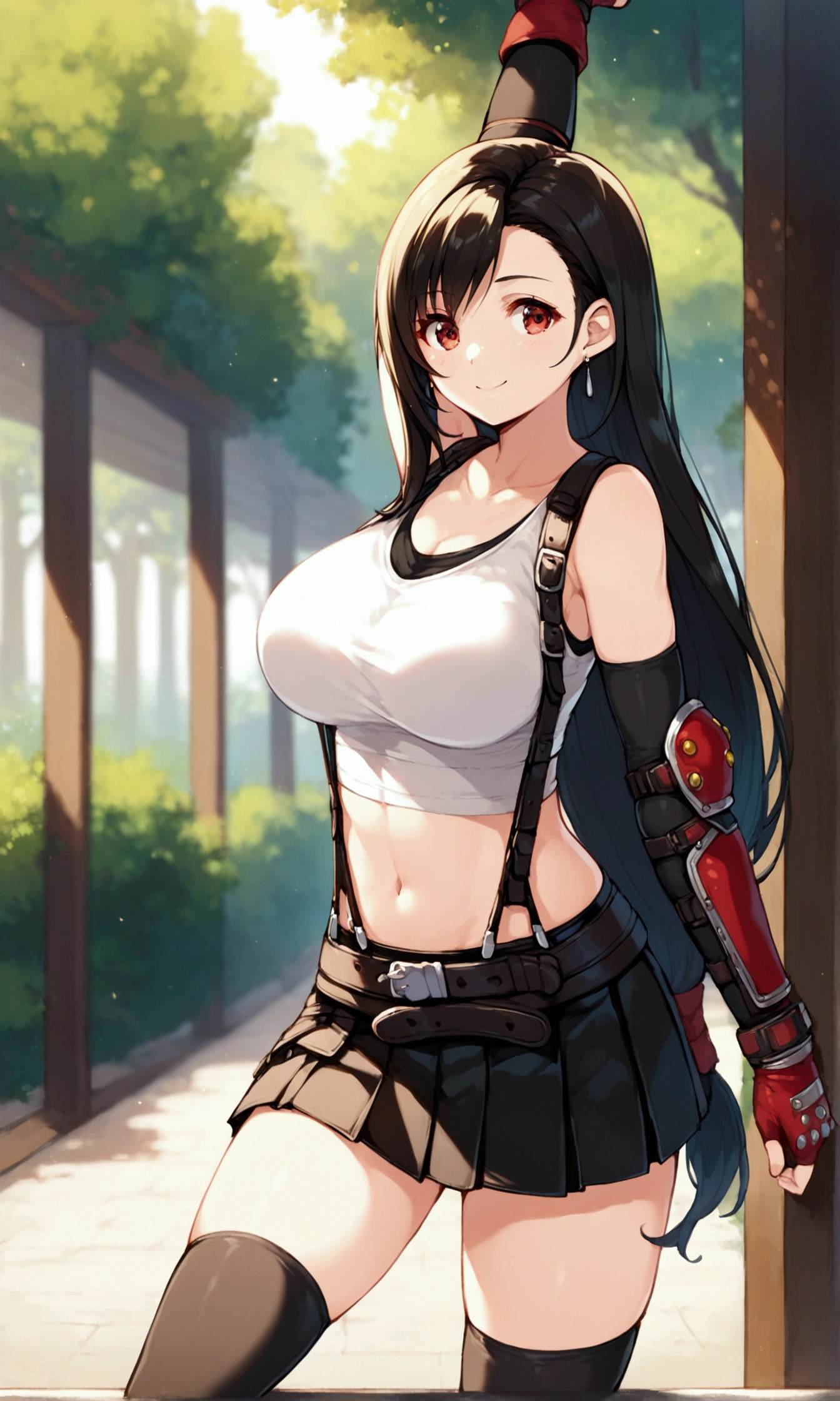 score_9, score_8_up, score_7_up,,BREAK , ,dynamicangle,,,,standing, ,,,Solo ,1girl, tifa lockhart, final fantasy, tareme,black hair, low-tied long hair, red eyes, bangs, (white tank top, belt, pleated skirt, thighhighs, elbow fingerless gloves, elbow pads, midriff, navel,suspender skirt) ,(large_breast),(light smile),Balancing,(Lifting a kick:1),daytime,outdoor,(ultra detailed),(best quality),(aesthetic,very aesthetic),UHD,extremely detailed CG unity 8k wallpaper,anime,depth of field,, 　　