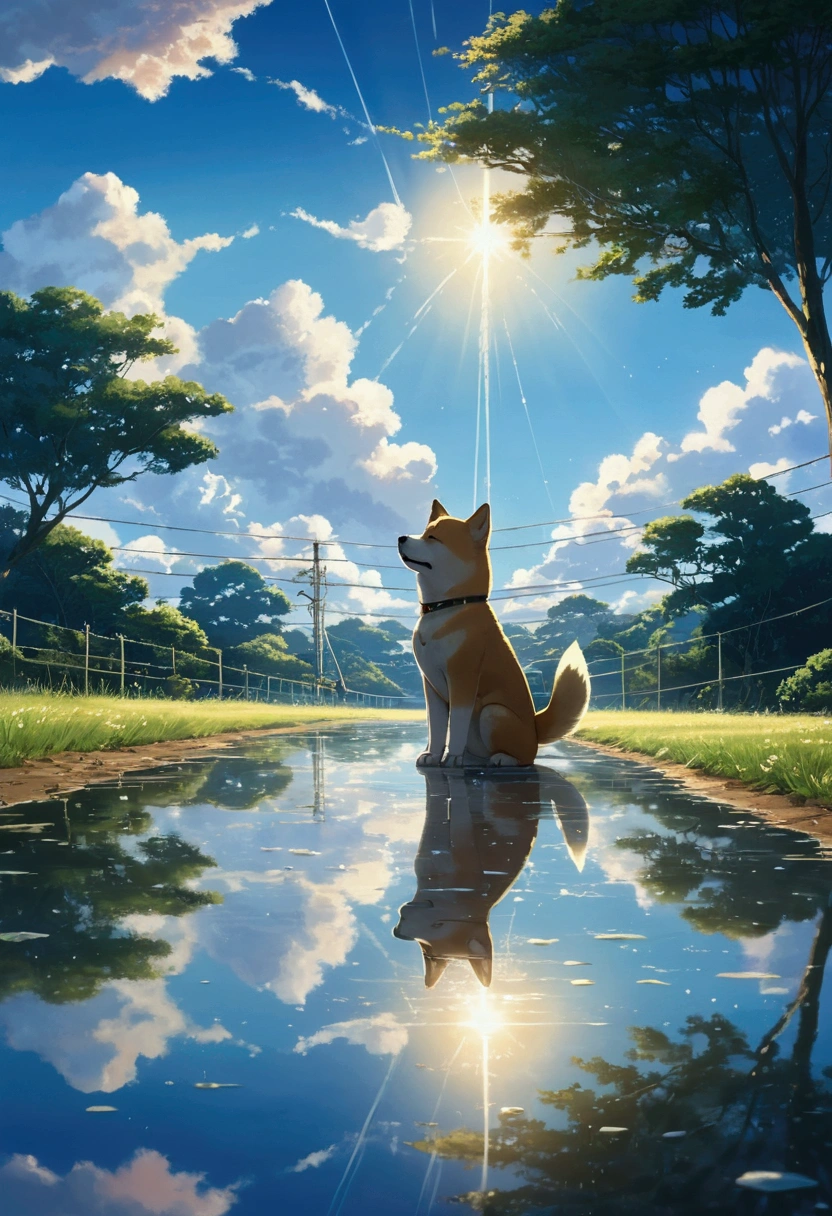 Makoto Shinkai Taste, Beautiful sky, Reflection of light, Shiba Inu,puppy, after the rain,Romantic Landscape, Healing scenes, Light pours in,hope,Wide angle、