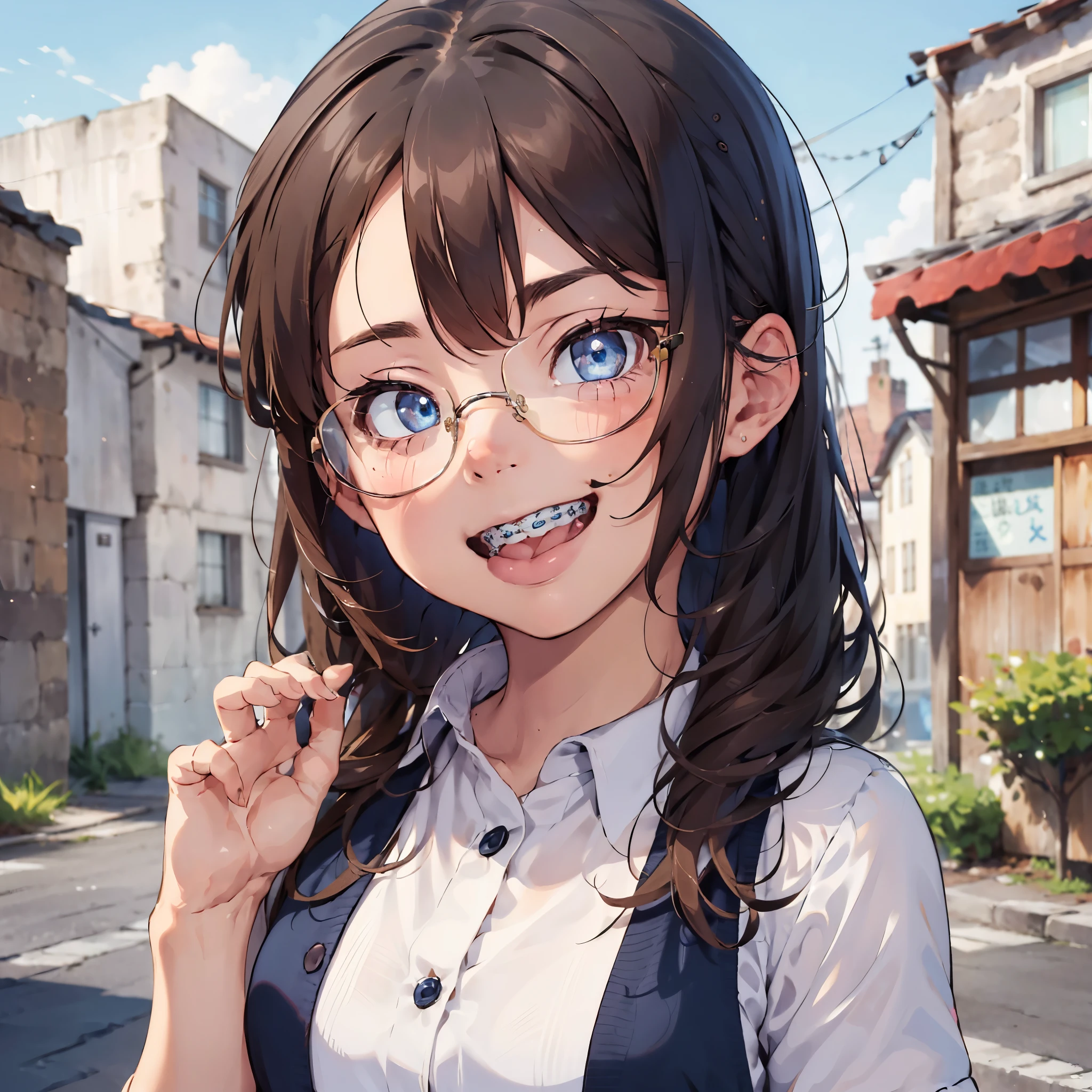 1girl, seductive eyes, braces, glasses, smiling, cute, blue eyes, blush, brown hair, wearing rowers, tongue out, best quality, masterpiece, highres