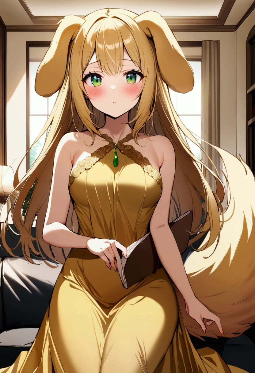 1girl with long blonde hair, green eyes, floppy dog ears, dog tail, blush, golden dress with open shoulders, holding small notebook, rich living room, medium breasts