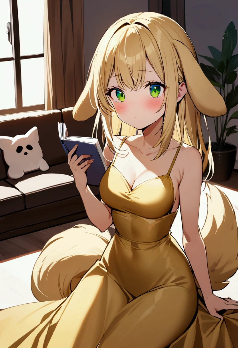 1girl with long blonde hair, green eyes, floppy dog ears, dog tail, blush, golden dress with open shoulders, holding small notebook, rich living room, medium breasts