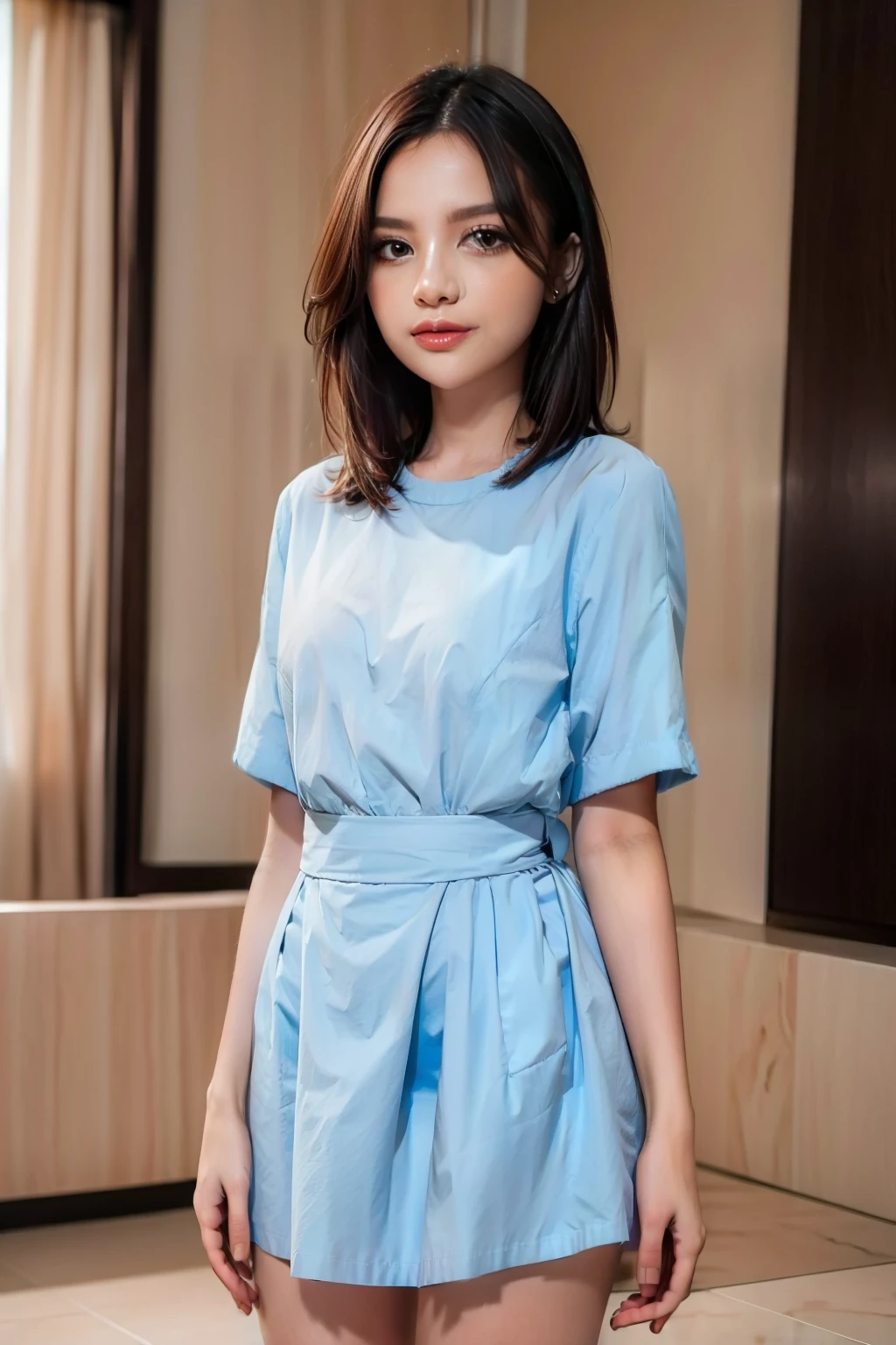 1girl, short hair, wearing t-shirt dress, super high quality, real images, lifelike, real skin, (Surrealism: 1.2), (8K UHD: 1.2), (Photorealism: 1.2), Shot with medium format camera, Professional camera, Perfectly Delicate and Rich in Detail, (masterpiece, top quality, best quality, official art, beautiful and aesthetic:1.2)
