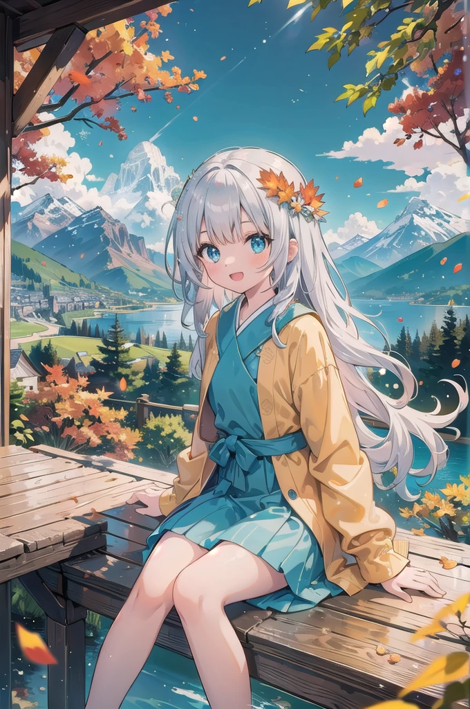 (masterpiece), scenery, mountainous horizon, maple tree, orange petals, light particles, upper body, 1girl, robe, wavy hair, floating hair, smile, sitting, open mouth, light particles, silver hair, aqua eyes, looking at viewer, face focus