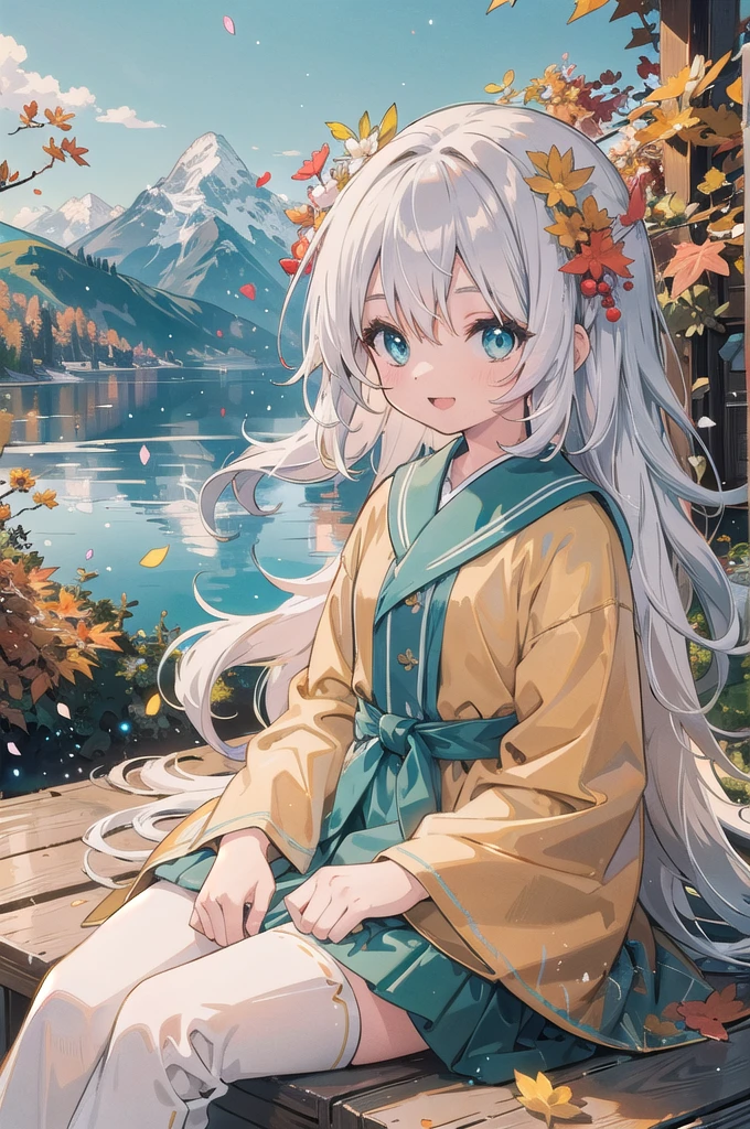 (masterpiece), scenery, mountainous horizon, maple tree, orange petals, light particles, upper body, 1girl, robe, wavy hair, floating hair, smile, sitting, open mouth, light particles, silver hair, aqua eyes, looking at viewer, face focus