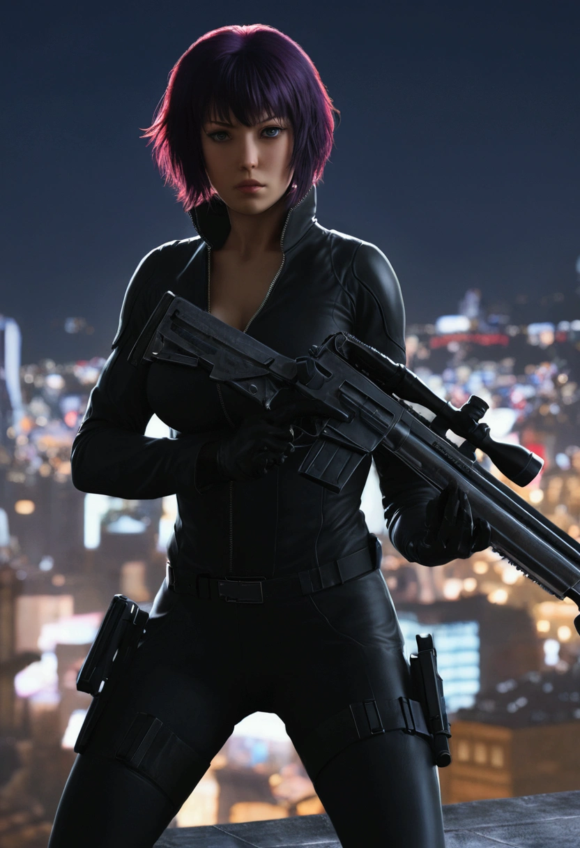 (mastrepiece:1.2,Best Quality,ultra detailed,potente luz de bottom:1.3,silhouette:1.45),, , //character, 1 solo female mercenary,ghost in the shell kusanagi motoko,A bright red eye:1.2,Facial expression Murderous look,Looking down on the city.black leather tight suit:1.2, hand holding a huge anti-tank rifle (WinchesterWilliams .50),pie pose,(upward look angle:1.35), , //bottom, in Rooftop of a building at night bottom:1.2,,8k,unreal engine5.Unit.octanerender