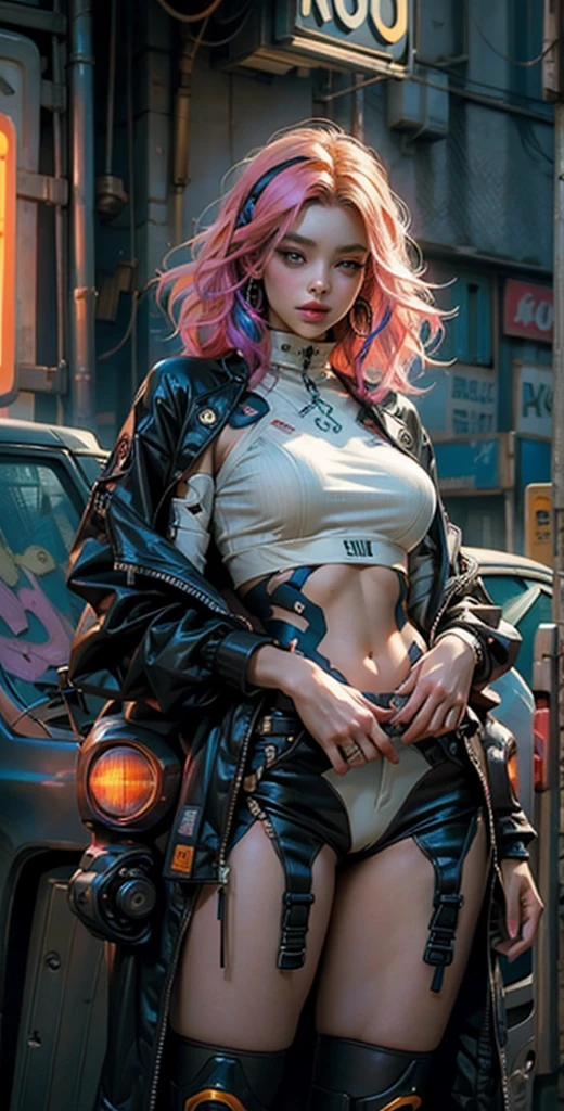 This is a stunningly beautiful anime painting of a seductive cyberpunk girl, boasting multicolor hair that shimmers in the neon lights of her futuristic cityscape. Her voluptuous body is expertly depicted in exquisite detail, showcasing curves and lines that echo the golden ratio. The background is a graffiti-covered urban landscape, filled with vibrant colors that contrast sharply with her sleek figure. This masterpiece, trending on ArtStation, is a testament to the skill of renowned artists like Tim Okamura, Victor Nizovtsev, Greg Rutkowski, and Noah Bradley. The fine detail in this 8K painting is