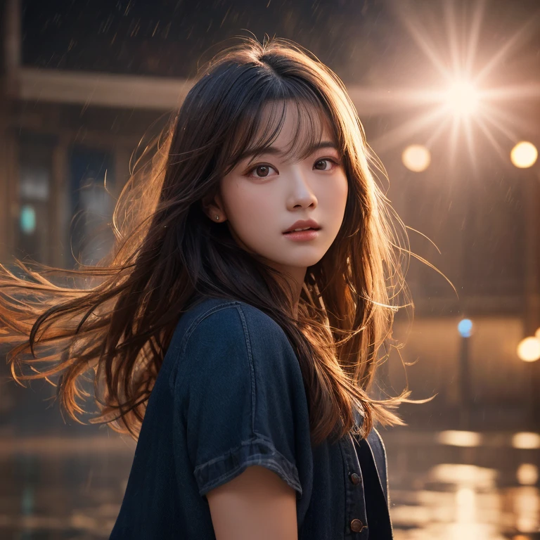 born, Super detailed, Realistic (1.3) Masterpiece portrait of a girl with long hair, Dynamic angle with messy hair, Installed in a world-class theater with superior cinema lighting, Lens flare, Dunhuang-style artistic sense, 8K resolution wallpaper quality, Highest quality, Dancing in the Rain