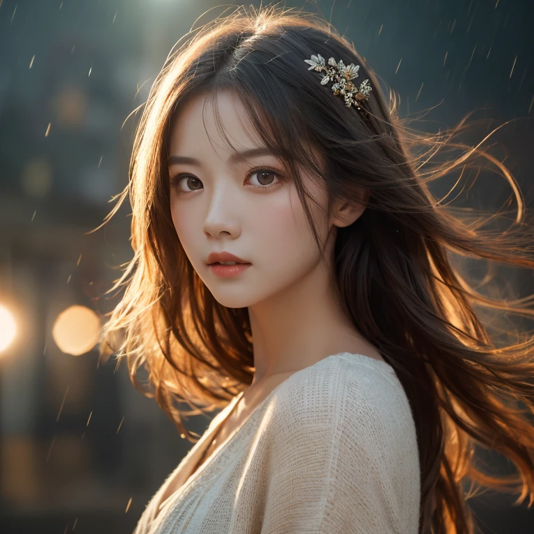 born, Super detailed, Realistic (1.3) Masterpiece portrait of a girl with long hair, Dynamic angle with messy hair, Installed in a world-class theater with superior cinema lighting, Lens flare, Dunhuang-style artistic sense, 8K resolution wallpaper quality, Highest quality, Dancing in the Rain