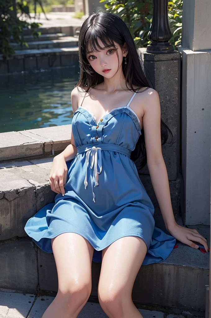 Highest quality, masterpiece, look up, cute,(Horror),(((Beautiful girl))),(Sexy),(sexy),((Small breasts)),Baby Face,(Blue dress,Summer clothes),(Middle school students),Black Hair,Beautiful Style,((White skin)),Sensual look,Embarrassed,Sexy表情,Heavy makeup,Expressions of delight