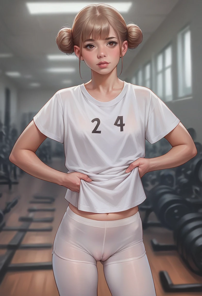 1girl, european girl, the bun hirstyle, light-brown hair, oversized white t-shirt,white pantyhose, without lengire, standing, school gym, school, realistic, source_photo, deatiling panting, brown eyes, detailing body, front view, without shorts, camel toe